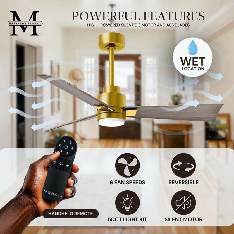 Alessandra - Three Blade Transitional Ceiling Fan -LED, 56", Brushed Brass, Gray Ash Tone