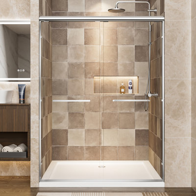72" High 54" Wide Aluminum Frame Double Sliding Shower Door With 1/4" Tempered Glass, - Shatter Film, Dual Stainless Handles, Adjustable Width For Bathroom Frame, Steel Reversible Install, Width,