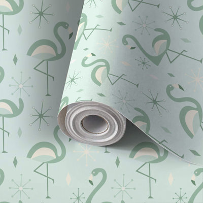 Papier auto-adhésif à peler et coller rétro flamant vert menthe Mid-Century auto-adhésif et amovible 17,7 po x 118 po (45 x 300 cm)