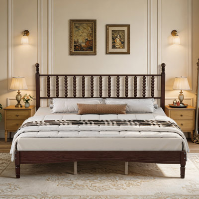 King Size Vintage Spindle Wood Platform Bed Frame, Turned Bobbin Headboard, Wooden Slat Support, No Box Spring Needed