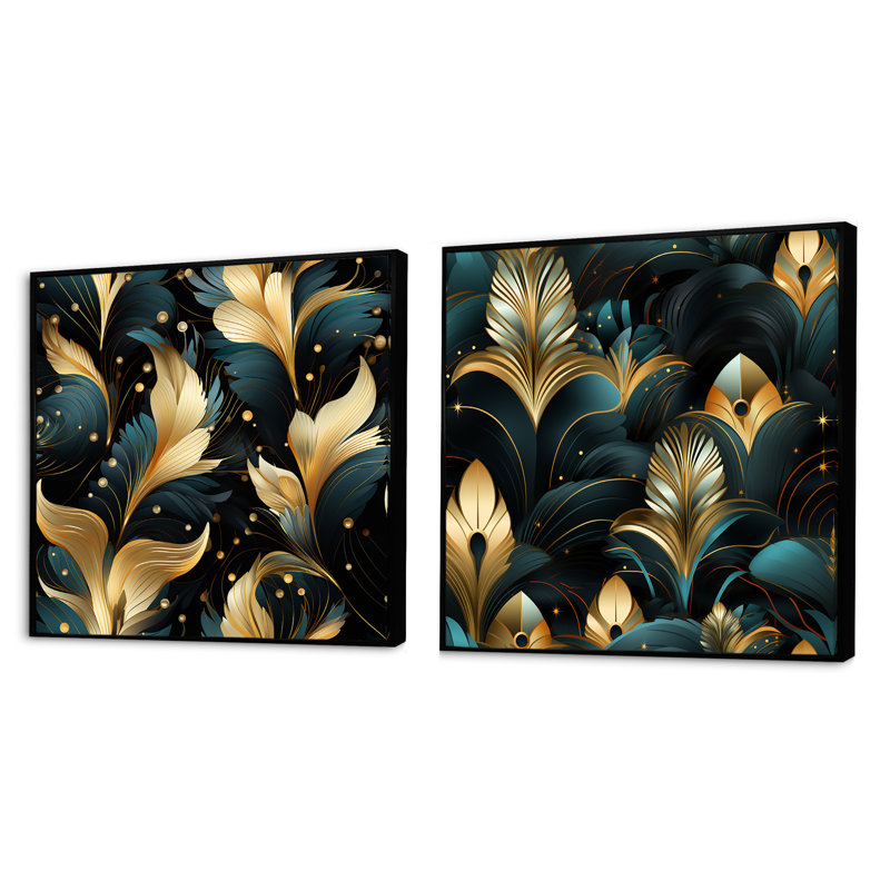 Katherina - Ensemble de 2 collages carrés botaniques abstraits, Cadre flottant noir, H 36 po x l 73 po