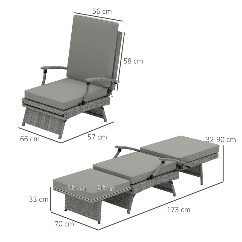 Long Single Chaise with Cushions, Grey/Grey