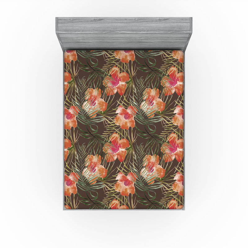 Drap-housse Ambesonne, Vermillon pâle, vert jade / floral, Drap-housse très grand californien