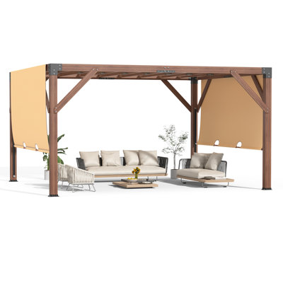 Pergola en bois 12 x 14 pi avec auvent rétractable pour parasol, structure solide, pergola d'extérieur pour la cour, la terrasse et le jardin (brun rougeâtre)