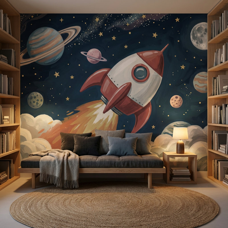 Starry Night Wallpaper Rocket Space Wall Mural, 100"x96", Peel and Stick