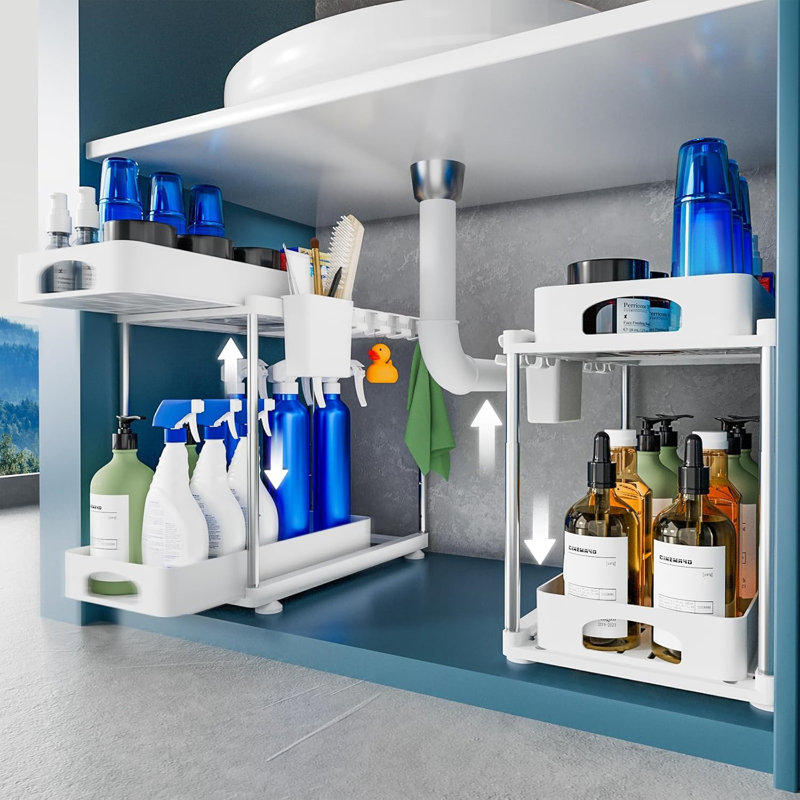 2 Pack Under Sink Storage Kitchen Organiser,Two Slide-Out Drawers,Space Saving,Height Adjustable