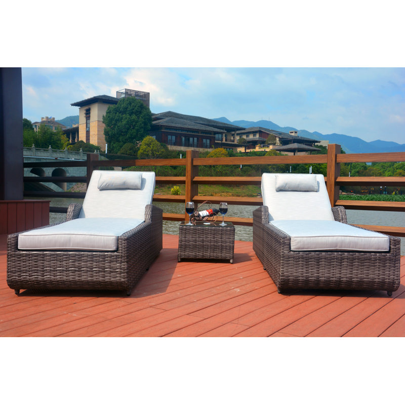 Elberta Outdoor Wicker Chaise Lounge Set with Table , Cushion Included, Gray