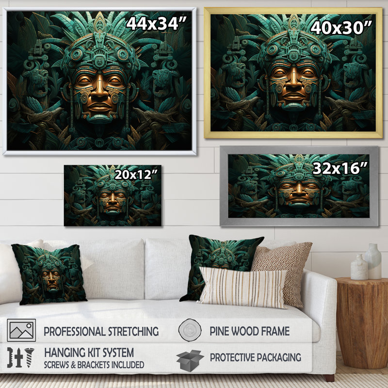 Maya Magic Aztec Mask I - Art mural mexicain, Cadre flottant blanc, H 30 po x l 40 po x P 1,5 po