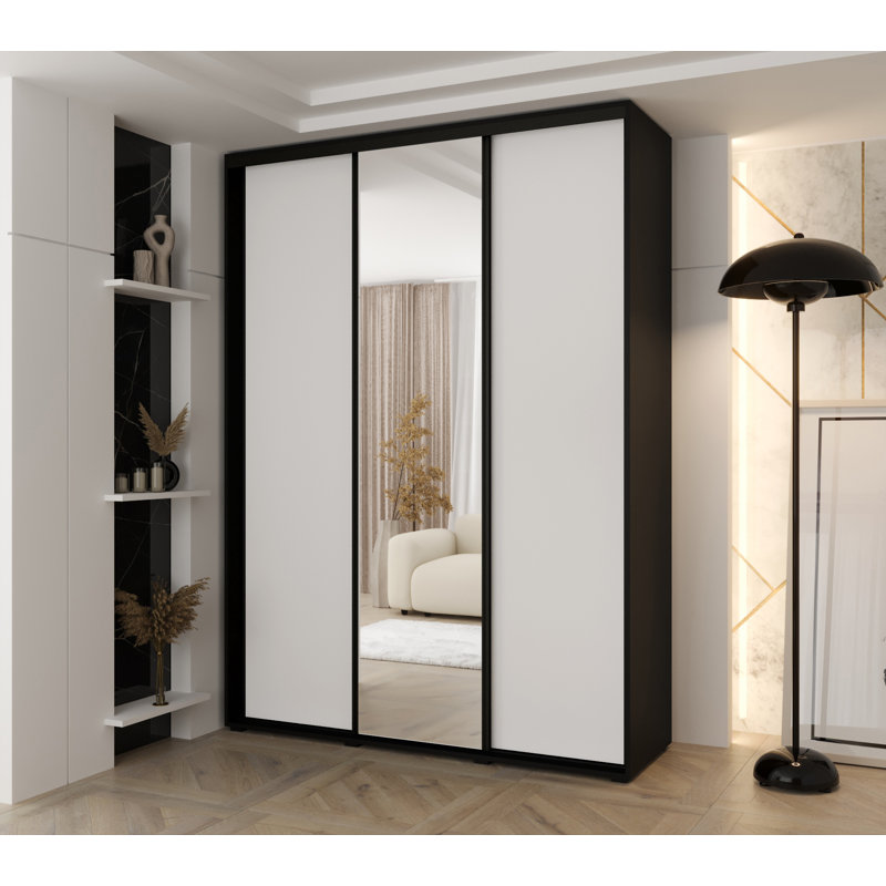 3 Door Manufactured Wood Wardrobe, White/Black, 235.2cm H x 180cm W x 60cm D