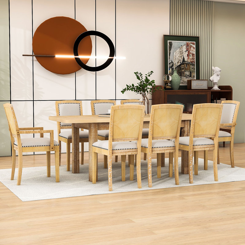 Ensemble de salle à manger en bois 9 pièces avec rallonge et chaises Rahish, Naturel, Naturel, Naturel / gris
