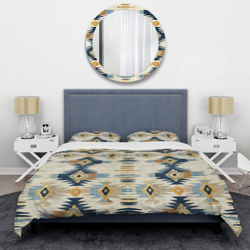 Ensemble de housse de couette à motif géométrique rétro bleu et or Navajo I