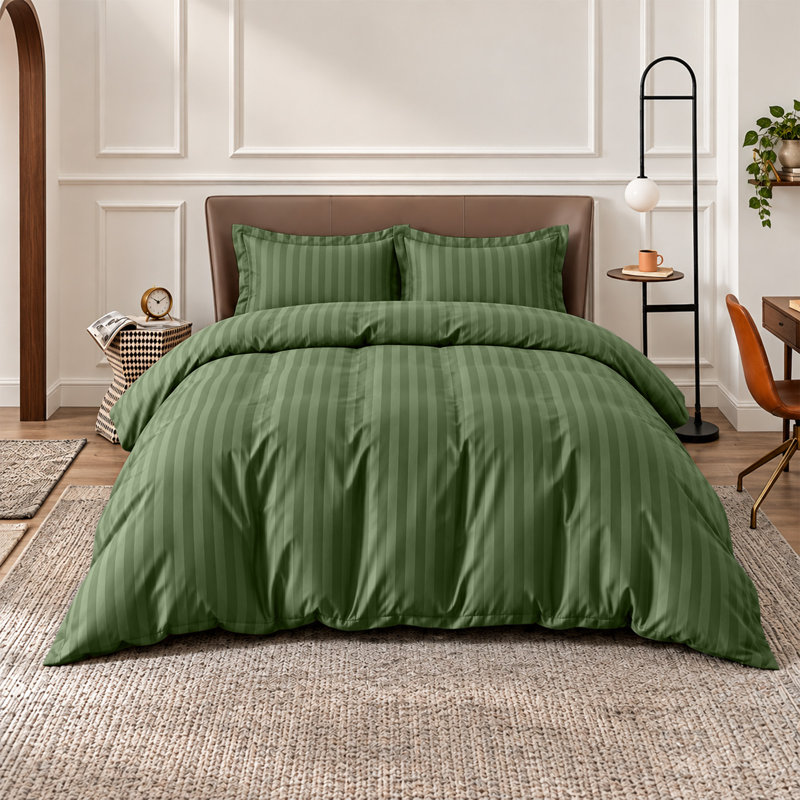 Microfiber Striped Duvet Cover Set with Pillowcases Included, Super King Duvet Cover Set + 2 Pillowcases, Olive Green