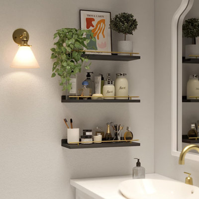 Floating Shelves With Metal Guardrail, Shelves For Wall Decor Set Of 3, Wall Shelves For Bedroom, Bathroom, Kitchen, Living Room, Plants, Picture Frames, Art