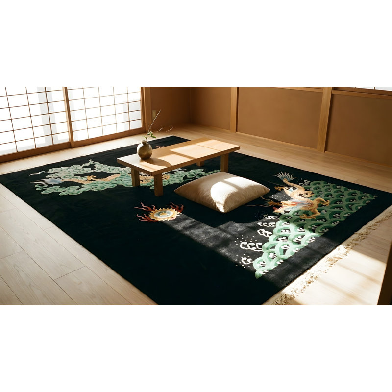 Antique Chinese - Art Deco Medium Wool Black Rug