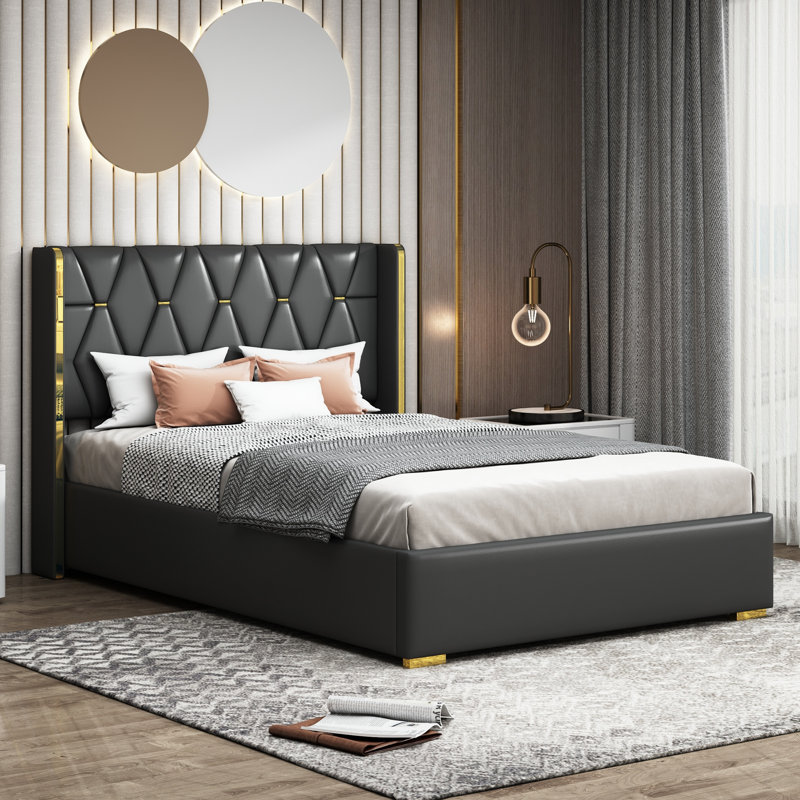 Upholstered Platform Bed with Metal Strips, Full / Double, Black