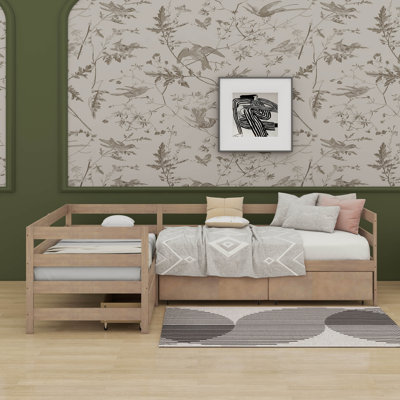 Lit plateforme simple en forme de L avec trois tiroirs de rangement
