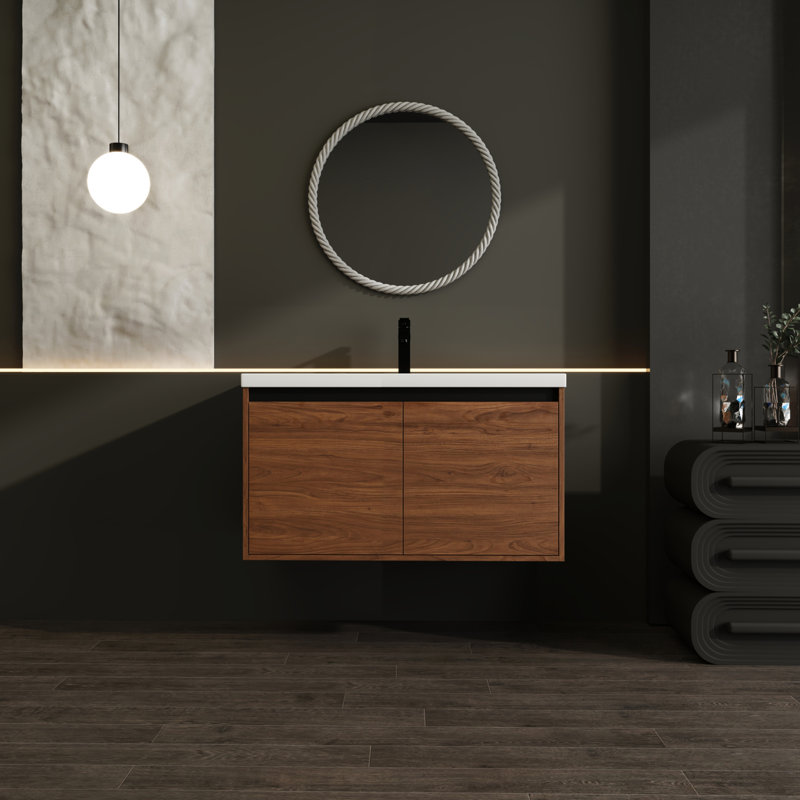 Meuble-lavabo 36 po, brun avec lavabo de comptoir en résine - armoire 2 portes, bois d'ingénierie garde un nouveau look durable, meuble-lavabo 36 po, lavabo, armoire, bois