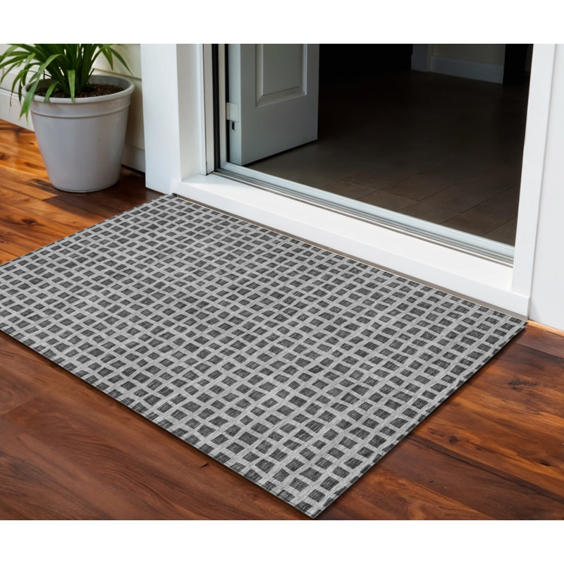 Tapis extérieur lavable à motif géométrique gris graphite et argent 3 pi x 5 pi