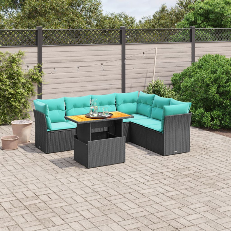  Ensemble de canapé de patio 7 pièces avec coussins en rotin de polyester noir