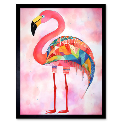 Flamingo Bird With Multicolour Patterns Folk Art Watercolour Painting Artwork Framed Wall Art Print 9X7 Inch