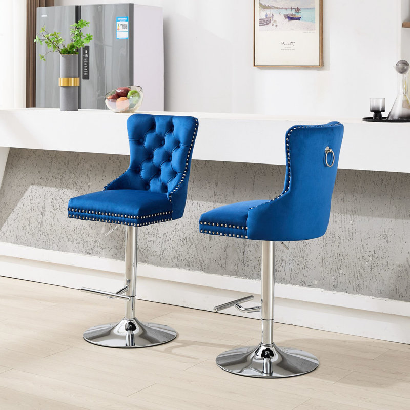 Épais velours bleu pivotant, réglable en hauteur de 25 à 33 po, de 2, siège en éponge et à ressorts, boutons pour la maison et le pub avec base de 17,7 po, îlot de cuisine en diamant