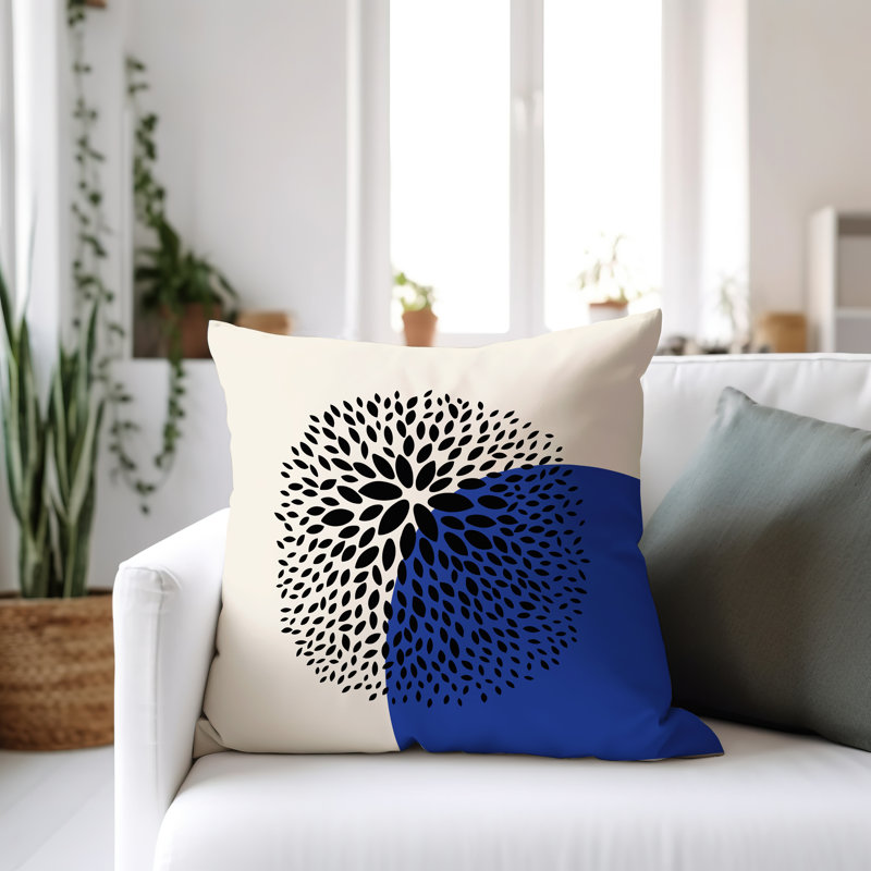 Bavaria Floral Outdoor Reversible Throw Pillow, 19"H x 19"W, Navy Blue/Cream/Black