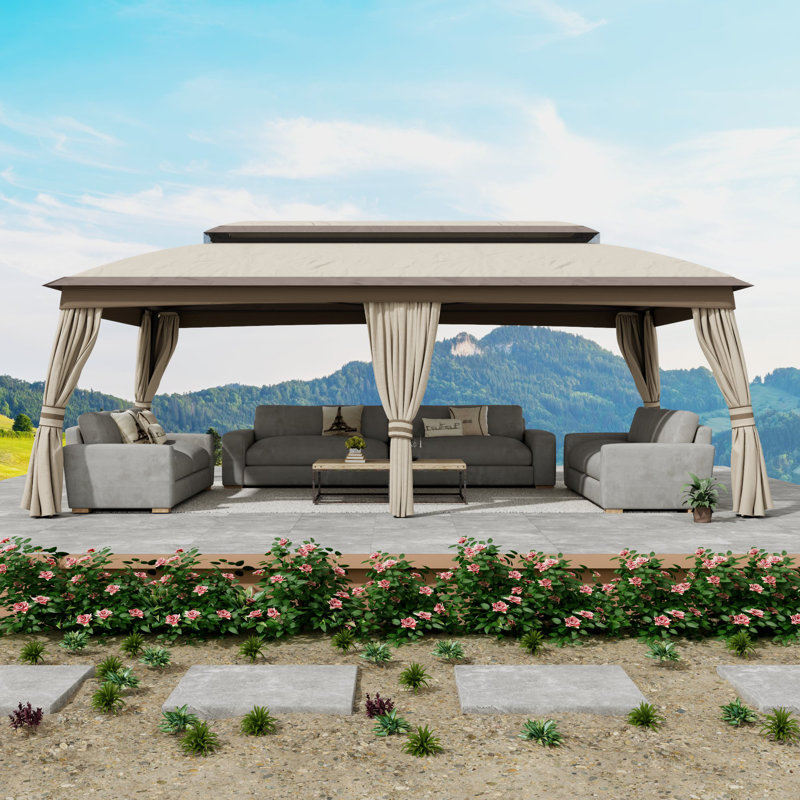 10 x 20Ft Outdoor Gazebo, Double-tier Roof Gazebo Tent with Polyester Roof, Sturdy Iron Frame, Waterproof & UV Resistance, Privacy Curtains and Mosquito Nettings