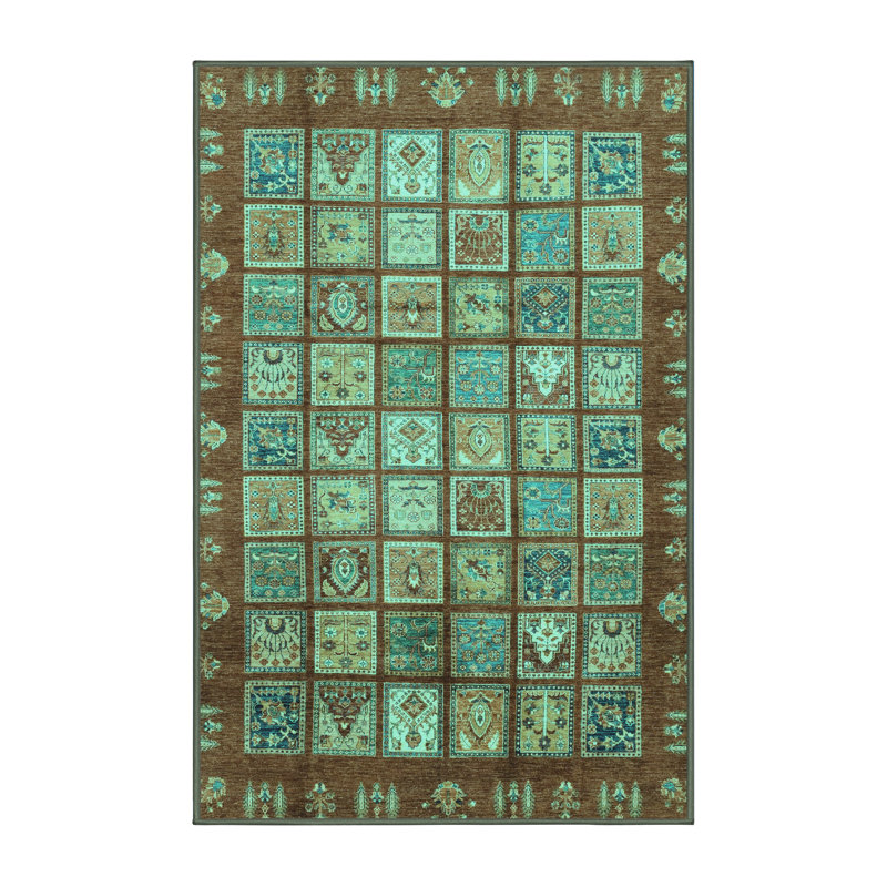 Tapis turquoise tissé à la machine Patchwork, Rectangle 3 pi x 5 pi