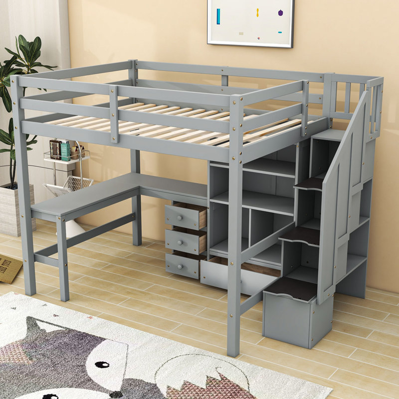 Full-Size Loft Bed With L-Shaped Desk, Storage Staircase, And Drawers, Gray