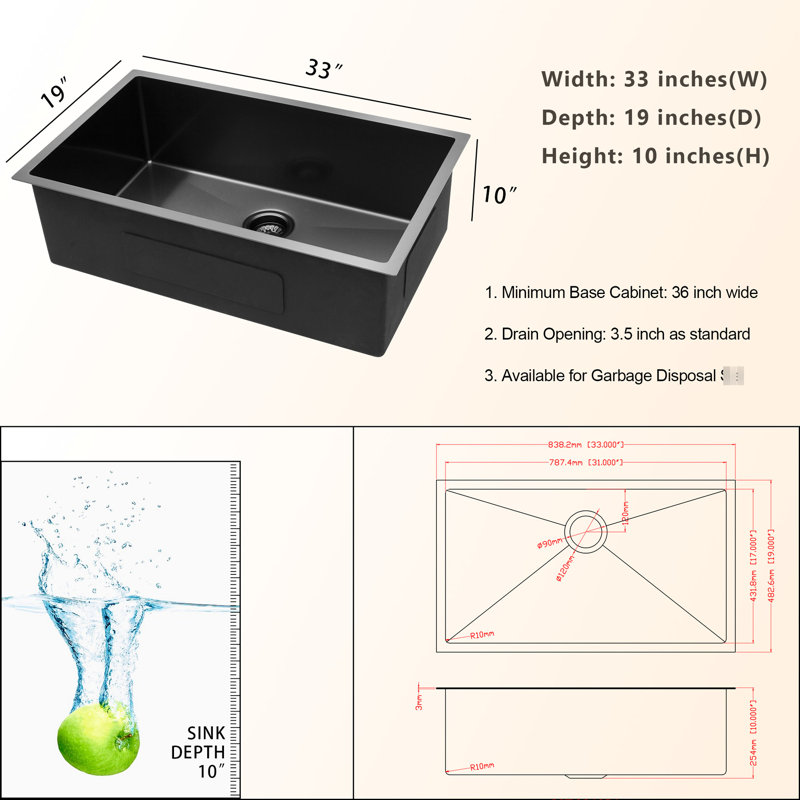 Évier encastrable noir 33 po x 19 po x 10 po en acier inoxydable 16G, enduit d'huile, économe en espace de cuisine