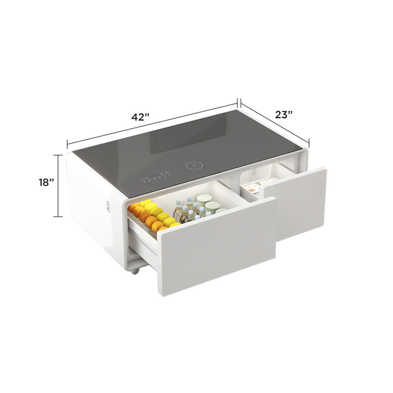 Cherubino Coffee Table with Fridge Cabinet and Bluetooth Stereo with Sockets and Ambient Lighting, White
