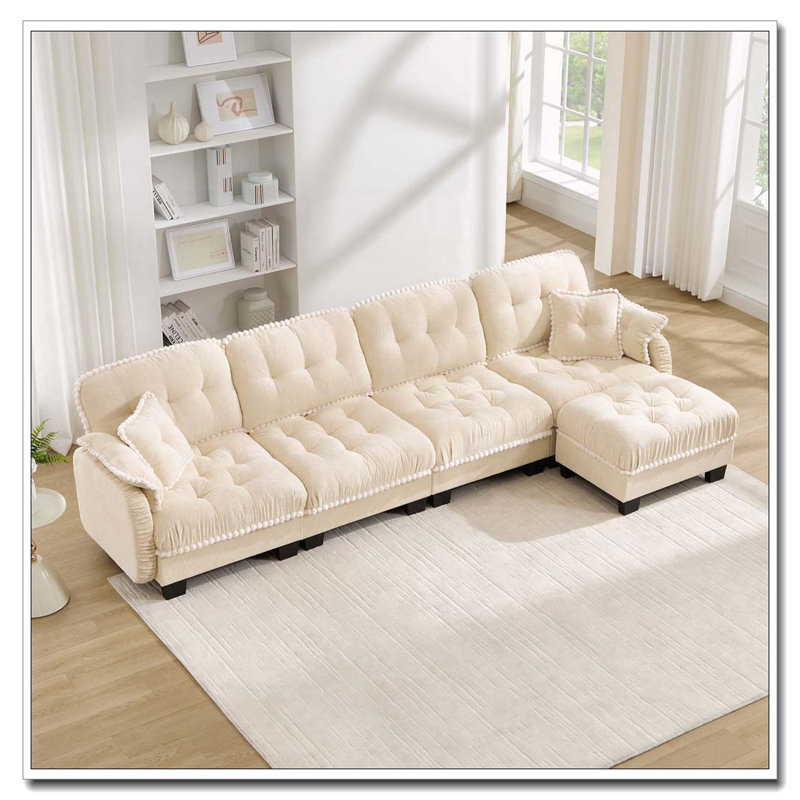 Canapé en L Chenille Cloud avec repose-pieds et 4 coussins, beige crème, 4 places et 1 repose-pieds, Beige