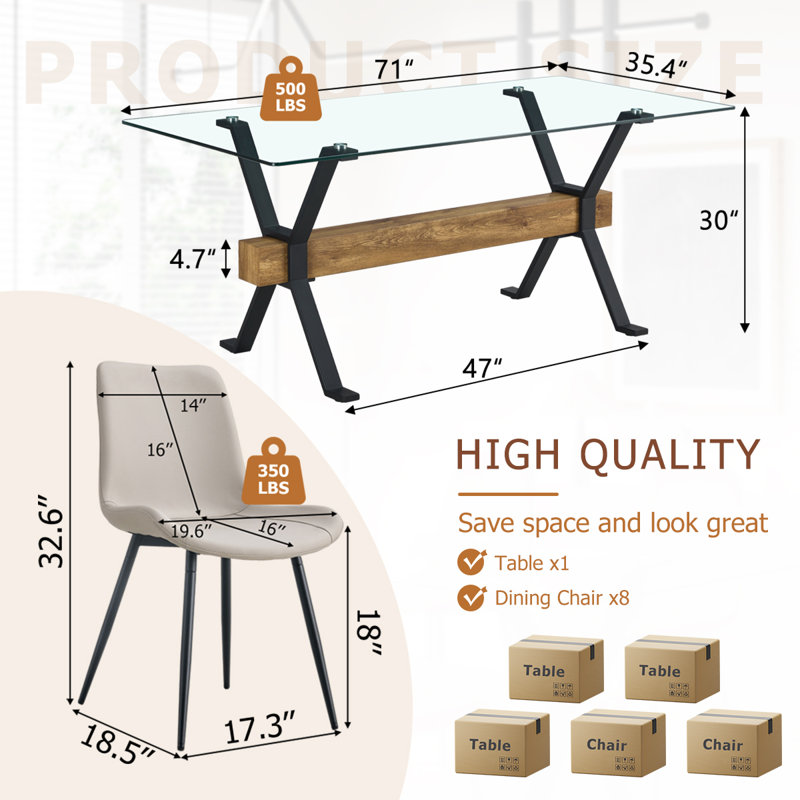 9-Piece Glass Top Dining Table Sets, Gray/Black