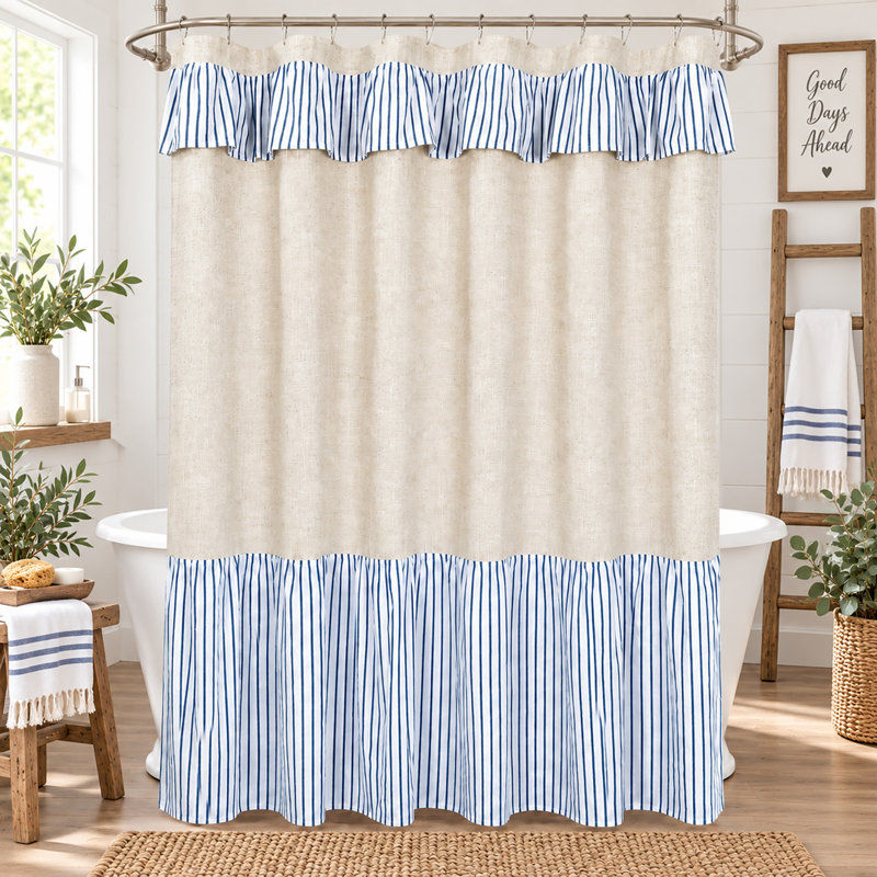 Rideau de douche à volants de style ferme, patchwork rayé lin et marine, décoration naturelle de salle de bain, tissage texturé pour salles de bain modernes et shabby chic, 183 x 183 cm