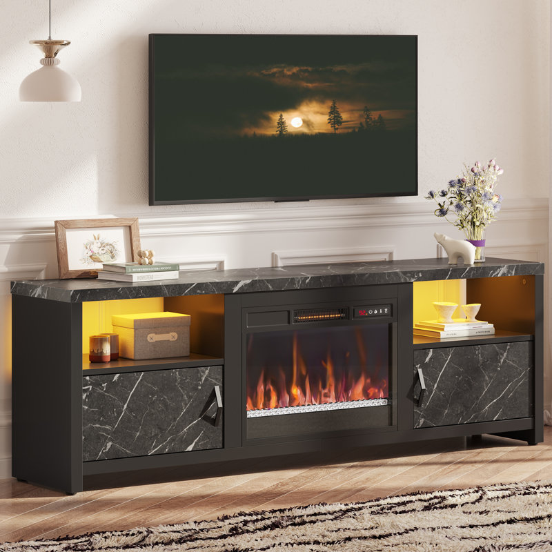 Brahma 71" W TV Stand with Electric Fireplace and LED Lights, Black Marble