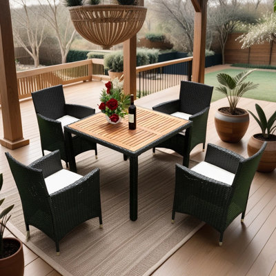 Ensemble de salle à manger d'extérieur 5 pièces en osier avec plateau en bois d'acacia