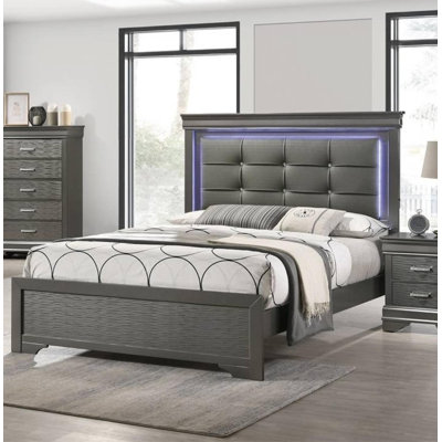 Mobilier de chambre à coucher gris avec capitonnage à boutons carrés et grand lit à finition grise 1pc