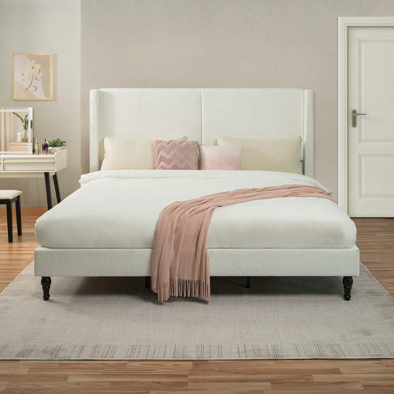 Structure de lit en tissu avec tête de lit rembourrée Boucle, Blanc, Grand