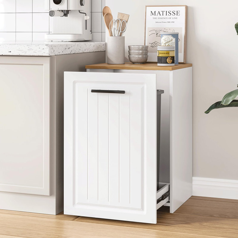Pull Out Trash Can Cabinet for 10 Gallon Bin, Laundry Hamper, White