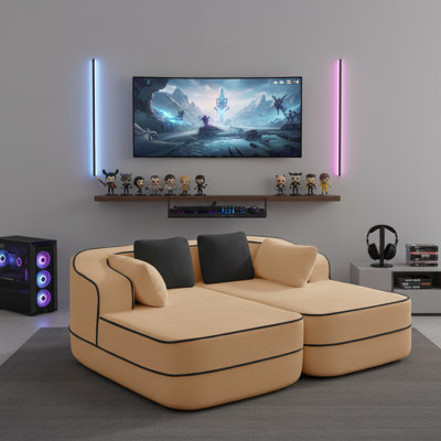 77.2" Teddy Fabric Home Theatre Sectional Sofa with Double Chaises, No Assembly, Fluffy Comfortable Couch, Caramel Tan with Contrast Piping