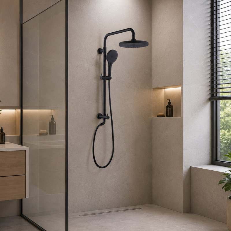 Ensemble de douche Exposed Combo avec pomme de douche à effet pluie de 10 pouces et système de douche à main à 3 fonctions fixé au mur (valve brute non incluse)