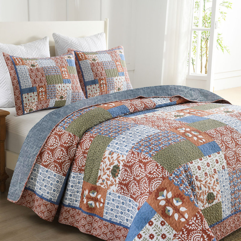 Ensemble de couvre-lit 3 pièces 3 pièces, Courtepointe pour très grand lit et 2 taies déco, Patchwork bleu