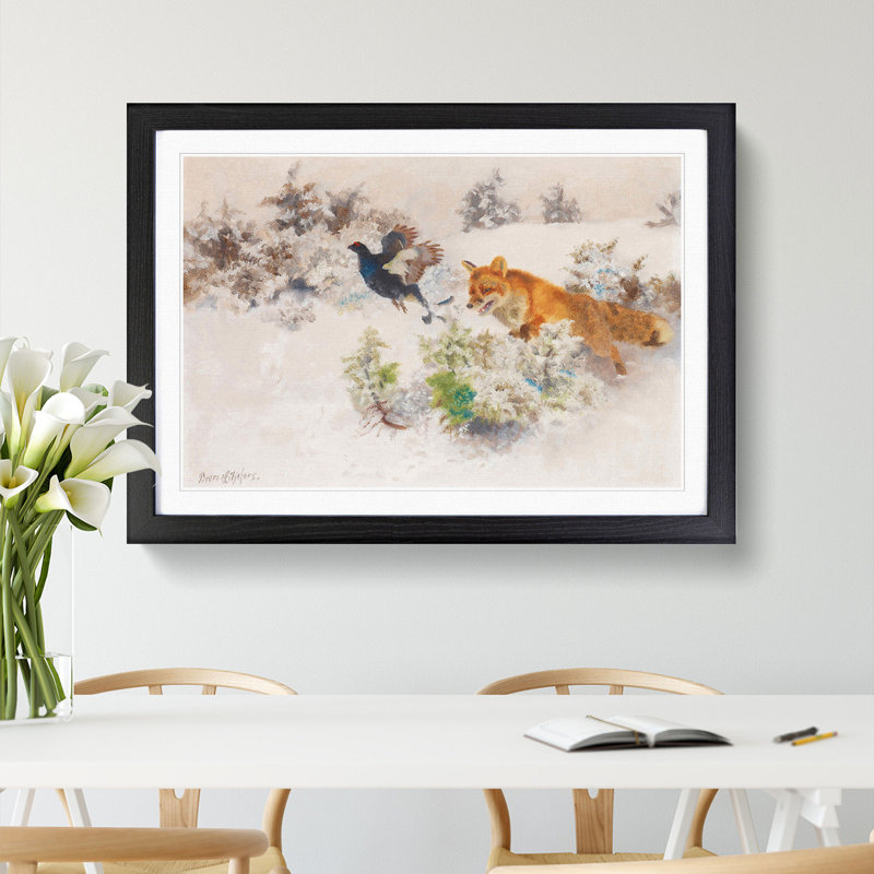 Fox Chasing Bird by Bruno Liljefors - Picture Frame Painting, 27cm H x 36cm W x 2cm D, Black Framed