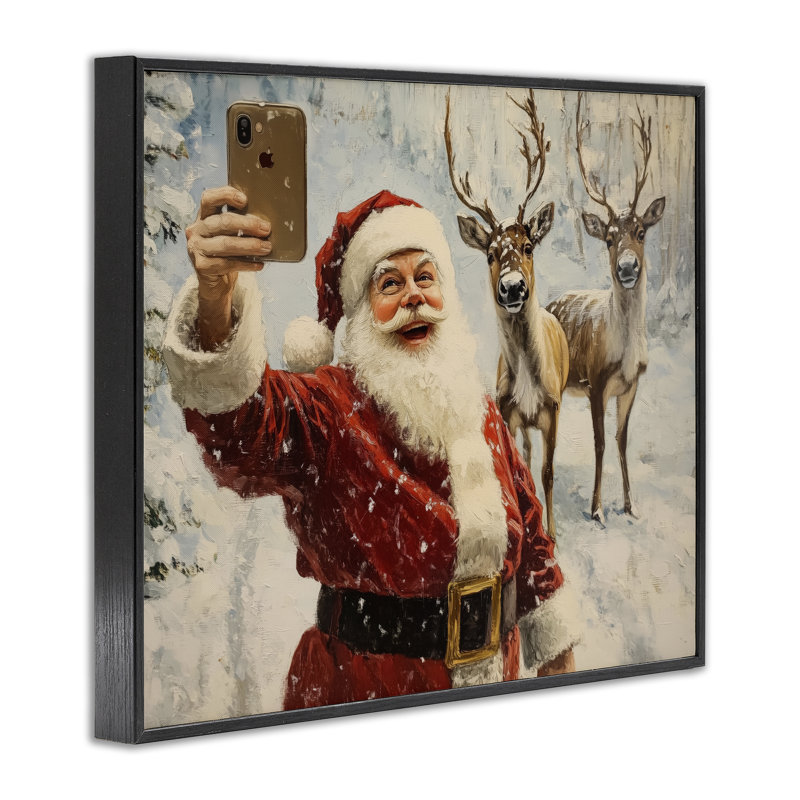 Père Noël avec un renne, estampe numérique, design par Arlington Prints, H 11 po x l 14 po, Giclée encadrée noir minuit