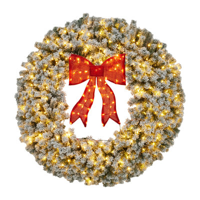 Couronne de Noël artificielle pré-éclairée avec un arc pré-éclairé, une couronne de vacances d'hiver à DEL, des aiguilles hypoallergéniques ignifuges pour la décoration intérieure et extérieure de Noël