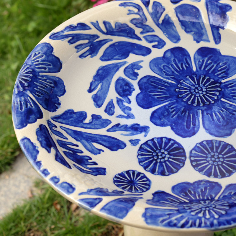 Ceramic / Porcelain Birdbath, Ivory/Blue