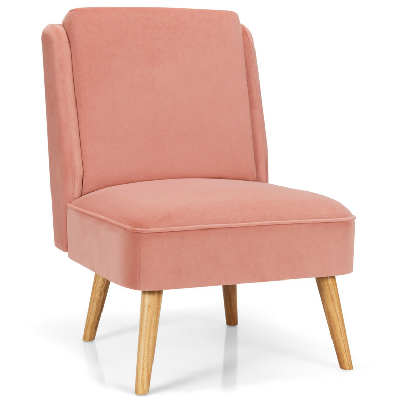 Pink Velvet Armless Accent Chair with Wood Legs