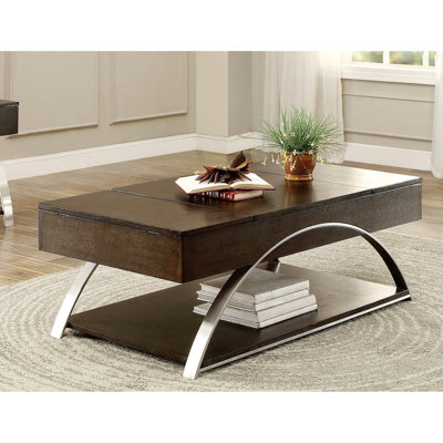 Modern Living Room Furniture 1Pc Lift Top Coffee Table With Display Shelf Wood Chrome Metal Finish Unique Style Cocktail Table