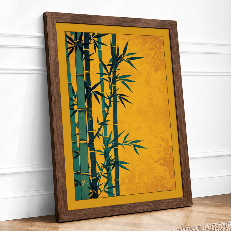 Bamboo Against Gold Japandi - Framed Print, A4 - 29.7 x 21.0 cm, Walnut