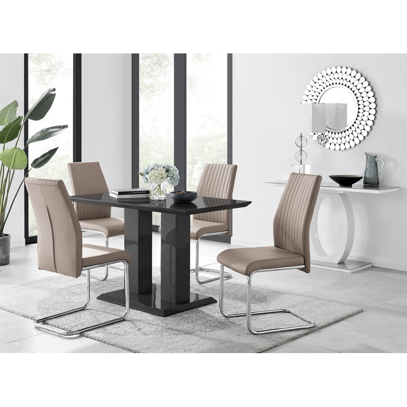 Edzard Double Pedestal High Gloss Dining Table Set with 4 Luxury Faux Leather Dining Chairs, Black, Cappuccino Beige